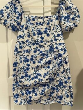 Mango Women’s White and Blue Floral Smocked Knit Dress Size 10